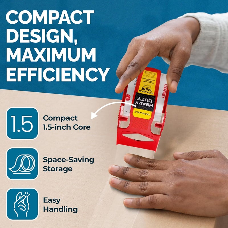 TAPEWELL Heavy Duty Packing Tape with Dispenser 1.5" Core - 6 Rolls - Clear Shipping Tape for Boxes, Packaging, Mailing & Moving Supplies - 1.88 in. x 22.2 (3) (3) - Image 3